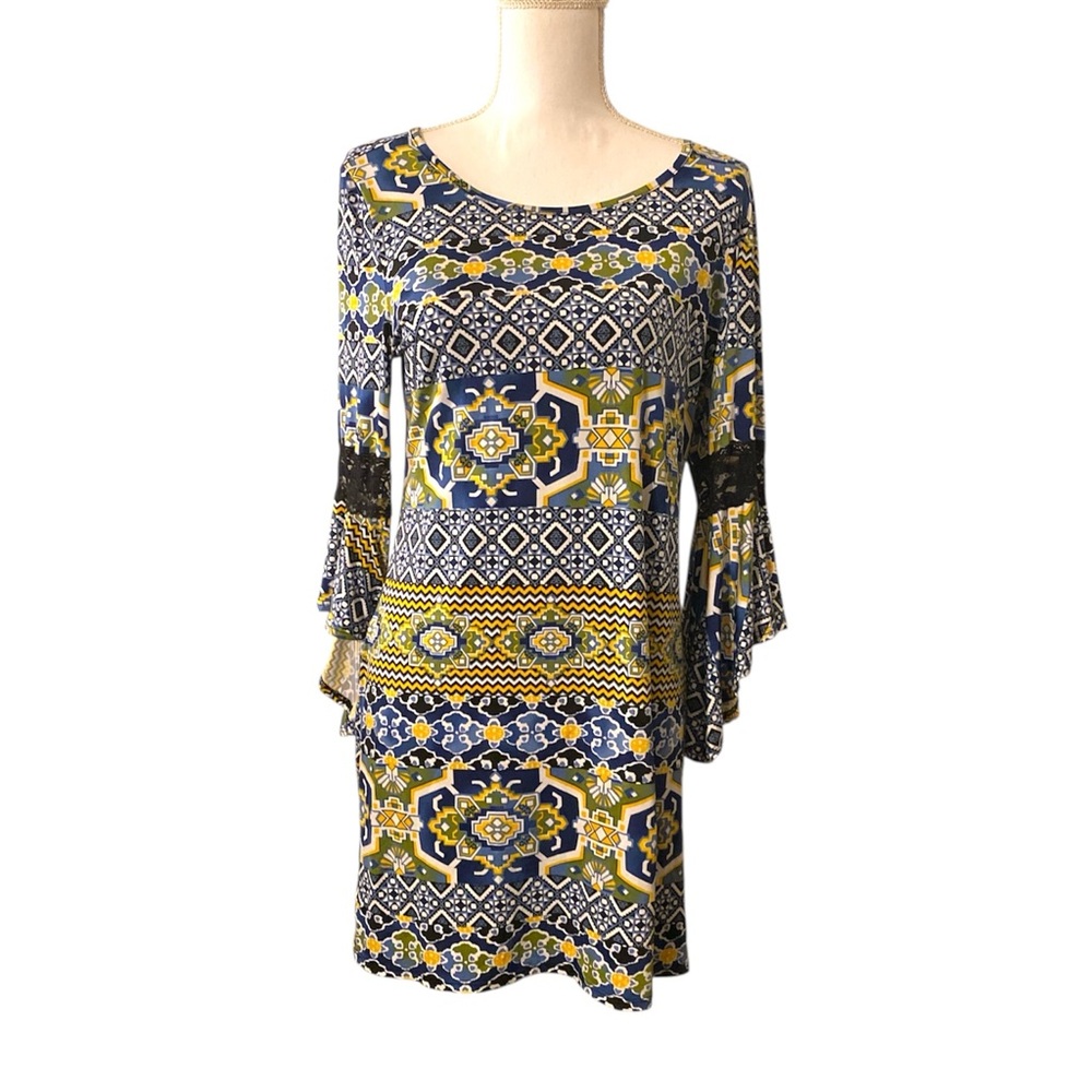 Vision USA Dress Lace Bell Sleeves Boho Geometric Print Small